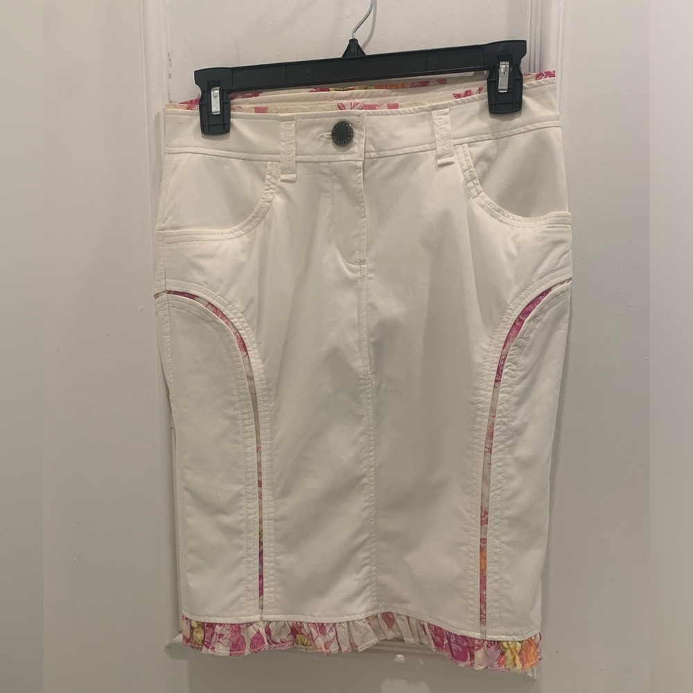Jean Paul Gaultier Cream Pencil Skirt with Pink Floral Trim